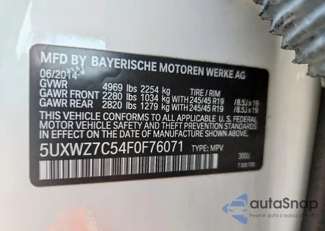 2015 BMW X3 Sdrive28I из США, поврежденный, VIN 5UXWZ7C54F0F76071